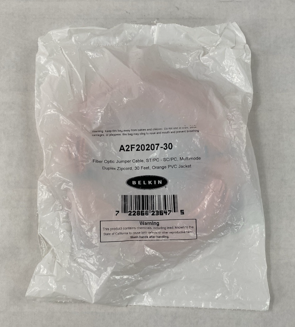 Belkin A2F20207-30 Fiber Optic Jumper Cable 30ft ST to SC Duplex Zipcord Orange