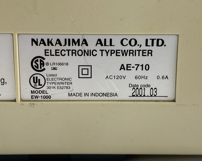 Nakajima AE-710 Electronic Typewriter Power Tested No AC Adapter Missing Lid