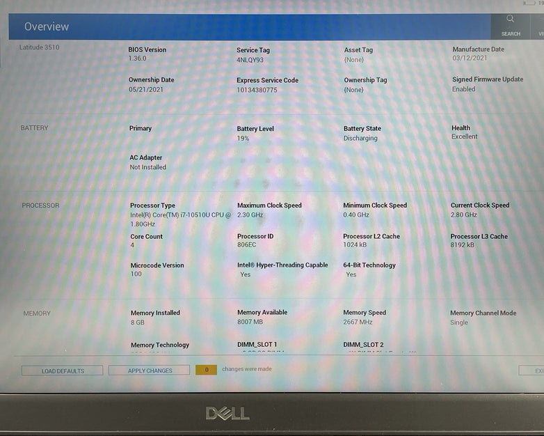 Dell Latitude 3510 15.6" i7-10510U 1.80 GHz 8 GB RAM No SSD/OS/AC - Bad M.2