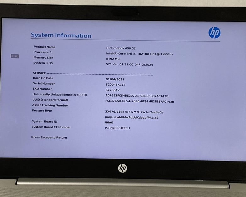 HP ProBook 450 G7 Intel Core i5-10210U 1.60 GHz 8GB RAM 15.6" No SSD No OS