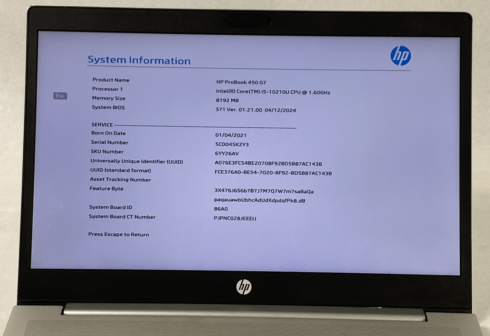 HP ProBook 450 G7 Intel Core i5-10210U 1.60 GHz 8GB RAM 15.6" No SSD No OS