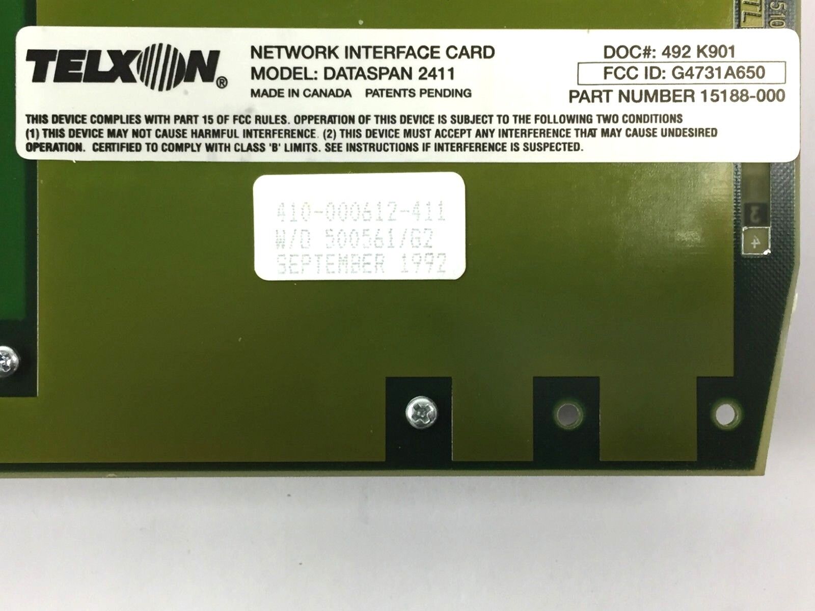 Telxon Dataspan Network Interface Card 8-Bit ISA Dataspan 2411