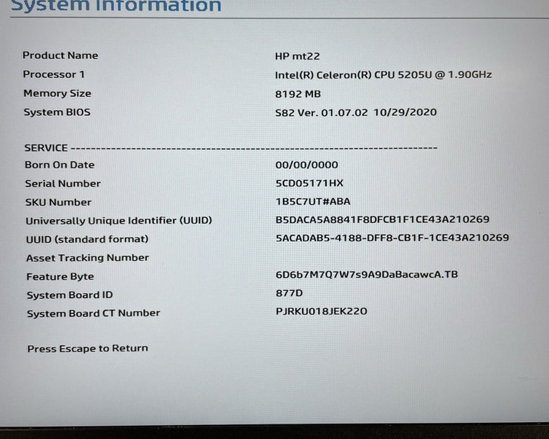 HP MT22 14" Intel Celeron 5205U 1.90 GHz 8 GB RAM No SSD/OS/AC - CMOS