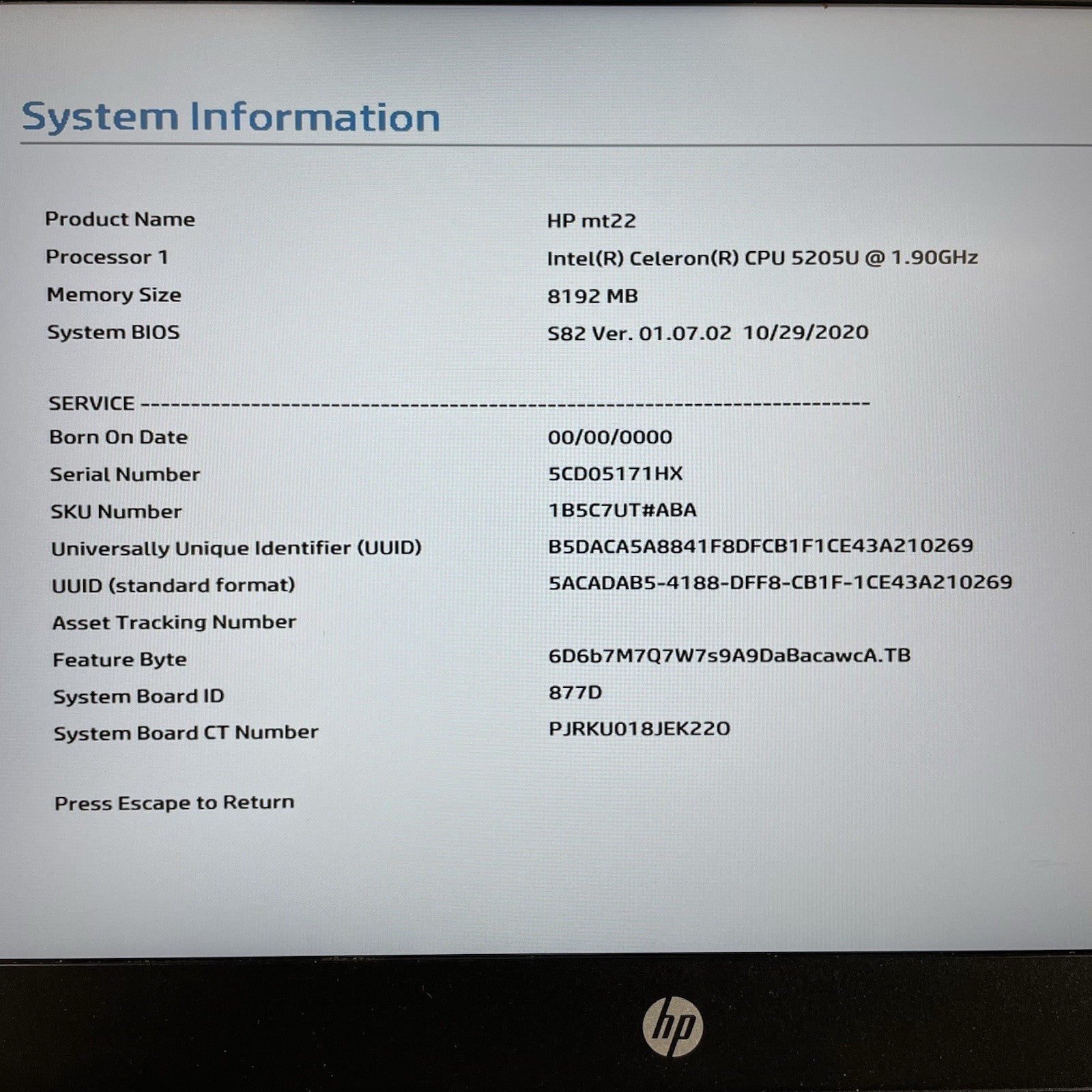 HP MT22 14" Intel Celeron 5205U 1.90 GHz 8 GB RAM No SSD/OS/AC - CMOS2