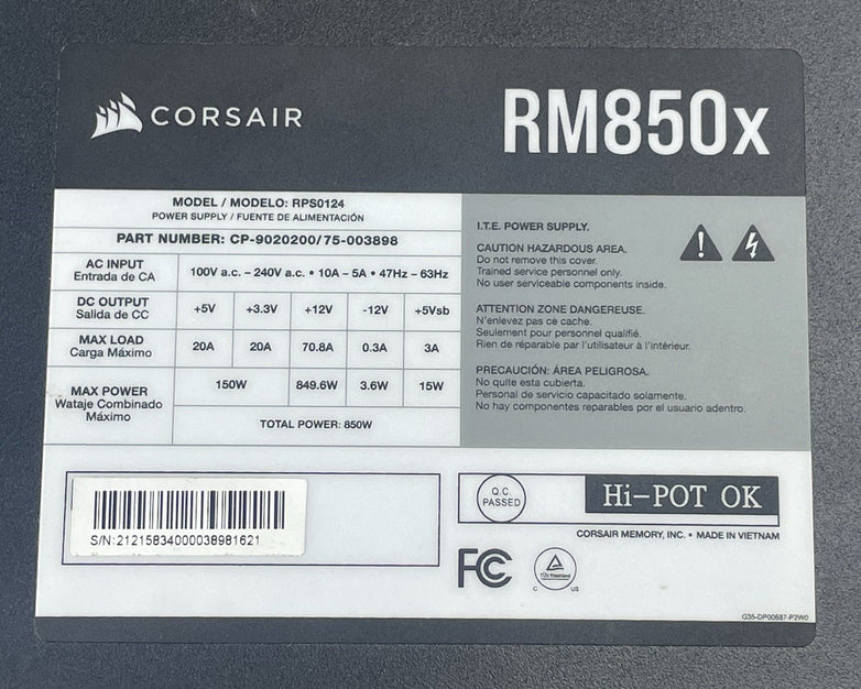 850W Power Supply Corsair RM850x RPS0110 / 75-003445 w/o cables