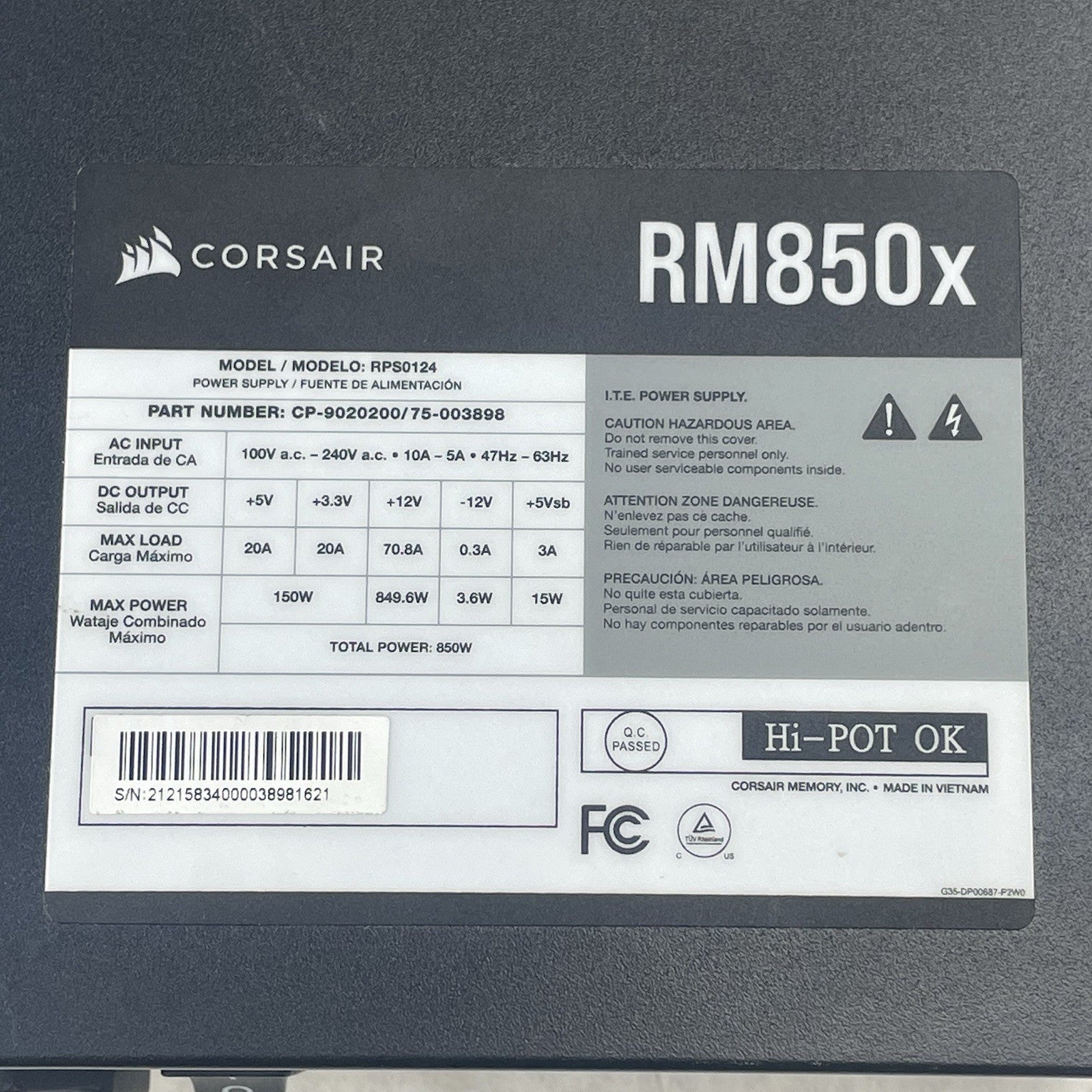 850W Power Supply Corsair RM850x RPS0110 / 75-003445 w/o cables6