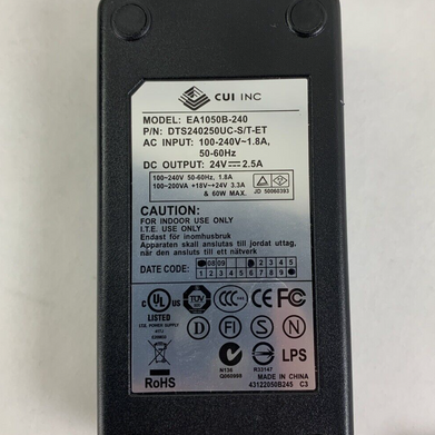 CUI EA1050B-240 AC Adapter DTS240250UC-S/T-ET 100-240V 24V-2.5A 50-60Hz 3 Pin