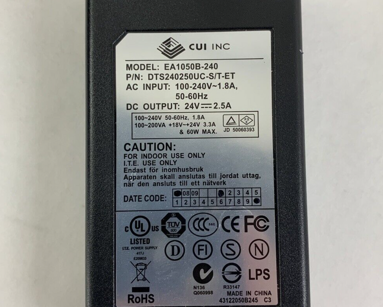 CUI EA1050B-240 AC Adapter DTS240250UC-S/T-ET 100-240V 24V-2.5A 50-60Hz 3 Pin