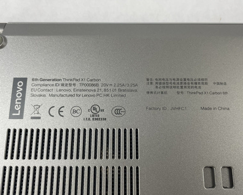 Lenovo ThinkPad X1 Carbon G6 14" i7-8650U 1.90 GHz 16 GB RAM No SSD/OS/AC