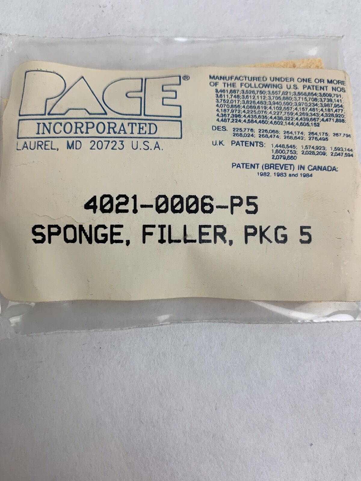 Pace 4021-0006-P5 Replacement Sponge Pack of 5 New
