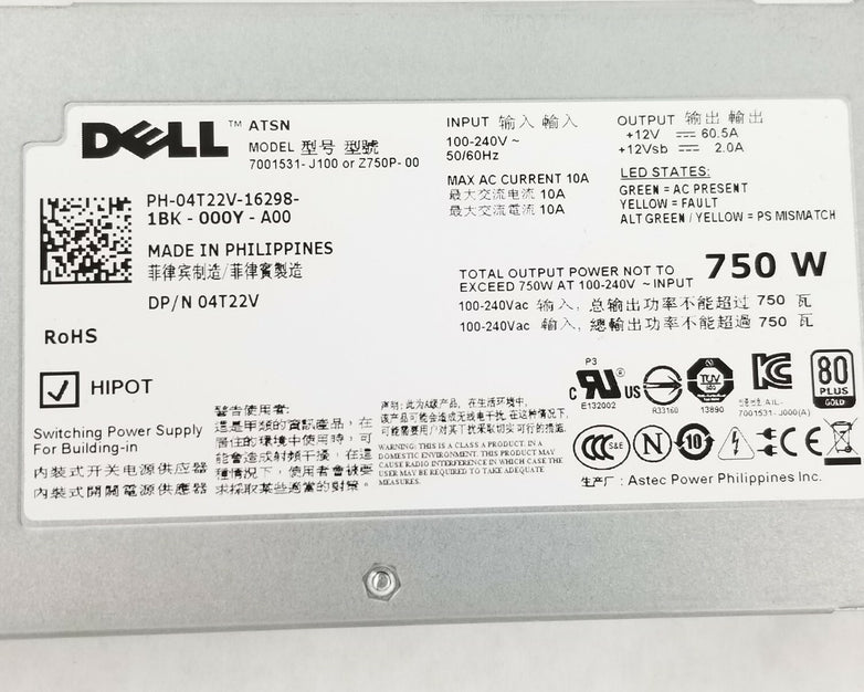 Dell 4T22V 750W Power Supply Unit PSU for PowerEdge R510 Server