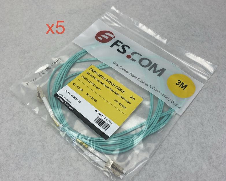 FS.Com Fibre Optic Patch Cable 10G 50/125 OM3 Multimode Color Aqua 3M - Lot Of 5