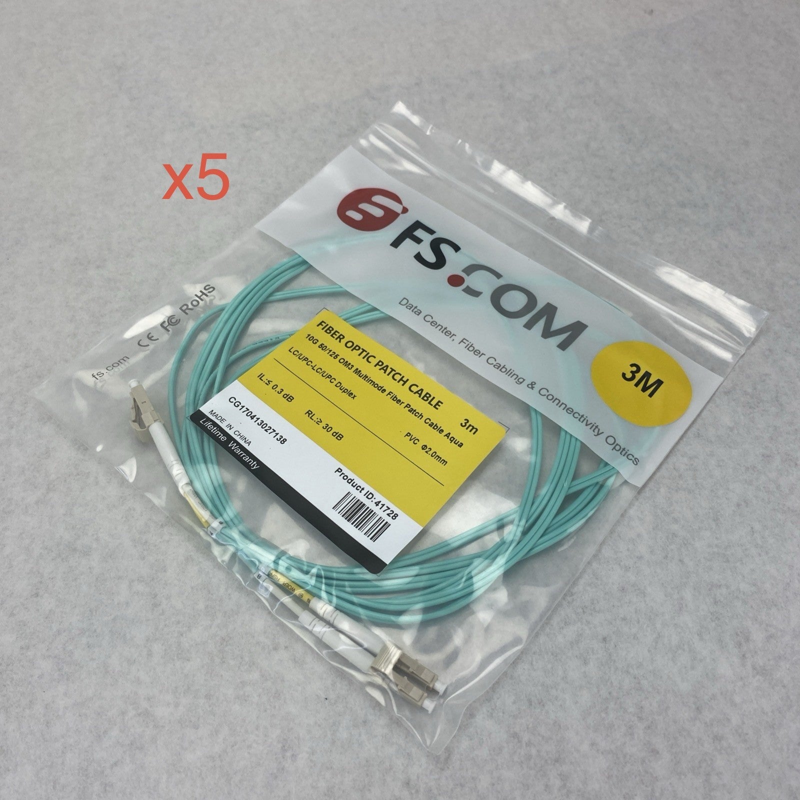 FS.Com Fibre Optic Patch Cable 10G 50/125 OM3 Multimode Color Aqua 3M - Lot Of 50