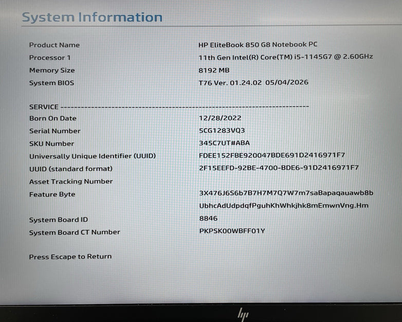 HP EliteBook 850 G8 15.6" i5-1145G7 2.60 GHz 8 GB RAM No SSD/OS/AC - READ