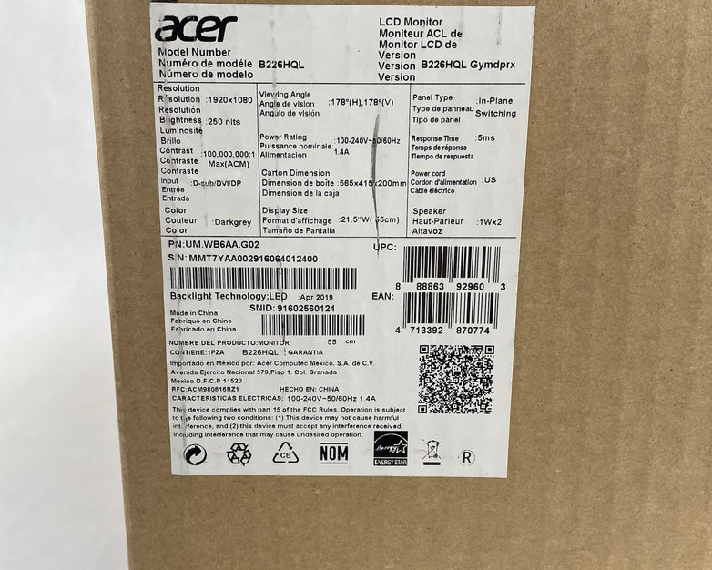 Acer B226HQL 21.5" TN LCD Widescreen Monitor w/Stand 1920 x 1080 VGA DVI