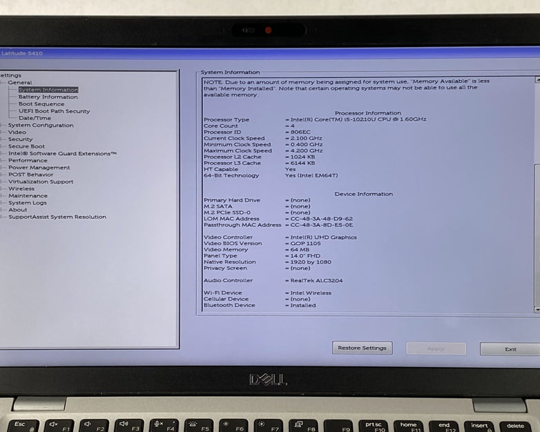 Dell Latitude 5410 Core i5-10210U 1.6GHz 16GB RAM 14.0" No Battery No HDD No OS