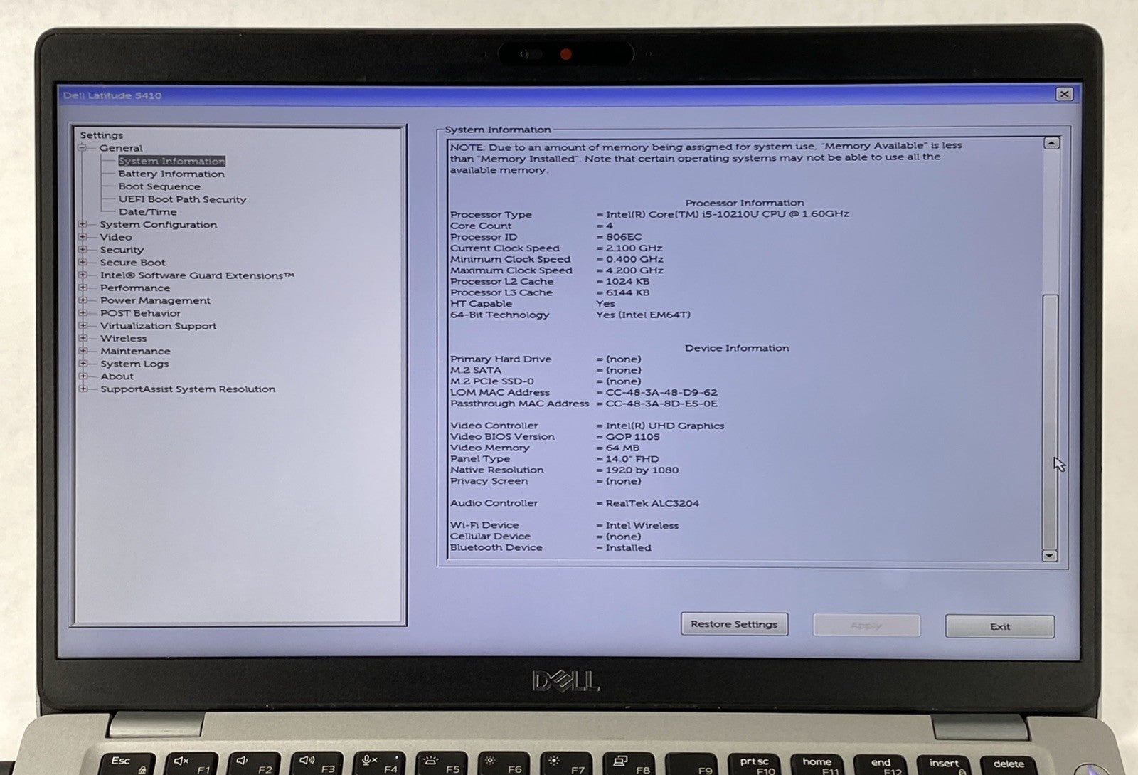 Dell Latitude 5410 Core i5-10210U 1.6GHz 16GB RAM 14.0" No Battery No HDD No OS