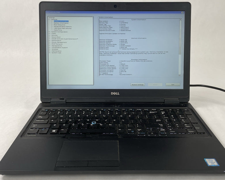 Dell Latitude 5580 15.6" Core i5-7300U 2.60 GHz 8 GB RAM No HDD No OS