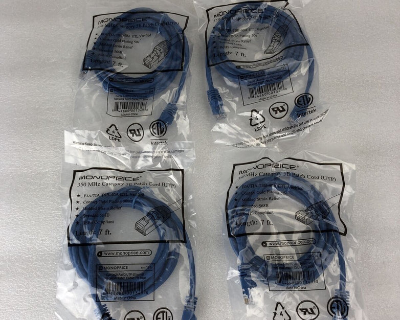 Monoprice Blue 7ft 5E Ethernet Patch Cord (UTP) - RJ45 350Mhz (Lot of 4)