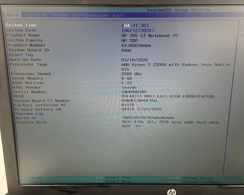 HP 255 G7 15.6" Ryzen 3 2200U 2.50 GHz 8 GB RAM No SSD/OS/AC - READ