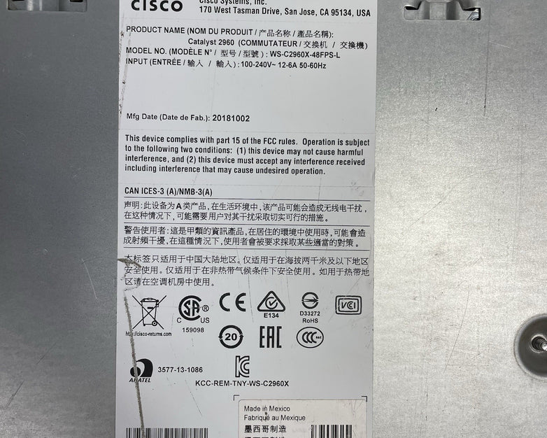 Cisco WS-C2960X-48FPS-L  V07 48 port GIG POE+ Switch Tested & Reset No Rack Ears