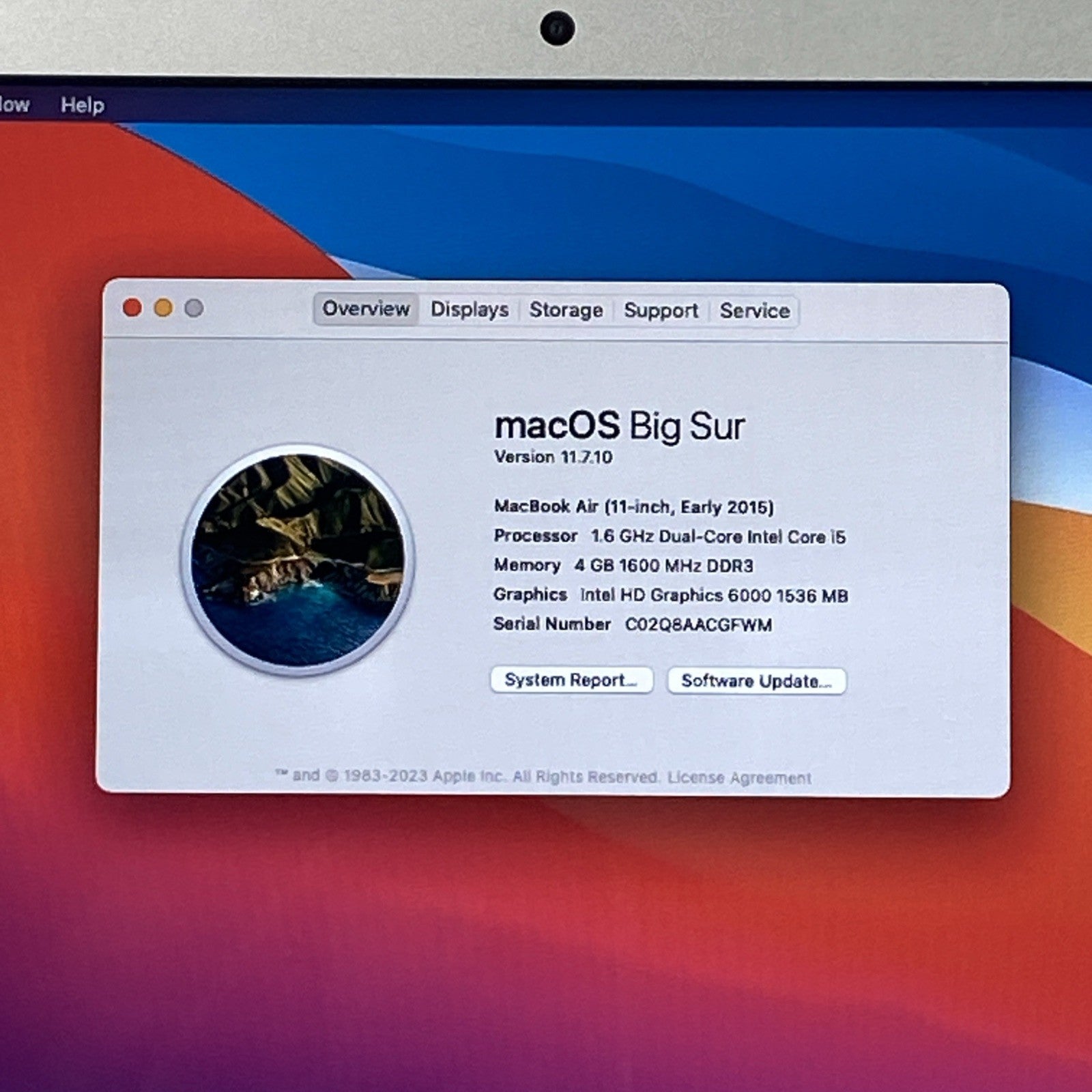 Apple MacBook Air A1465 2015 11" 1.6Ghz i5 4GB RAM 120GB SSD os11.7.1 706 Cycles