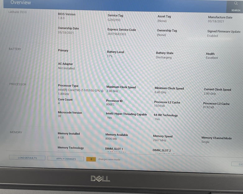 Dell Latitude 3510 15.6" i7-10510U 1.80 GHz 8 GB RAM No SSD/OS/AC - READ