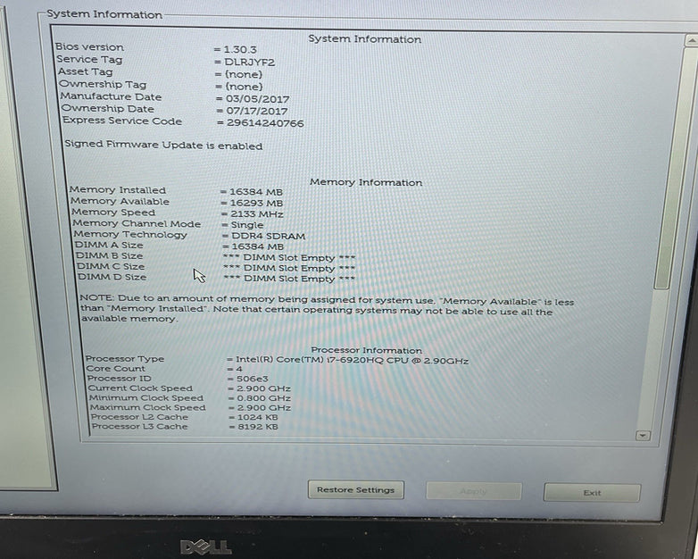 Dell Precision 7710 17.3" Core i7-6920 2.90 GHz 16 GB RAM No HDD No OS READ