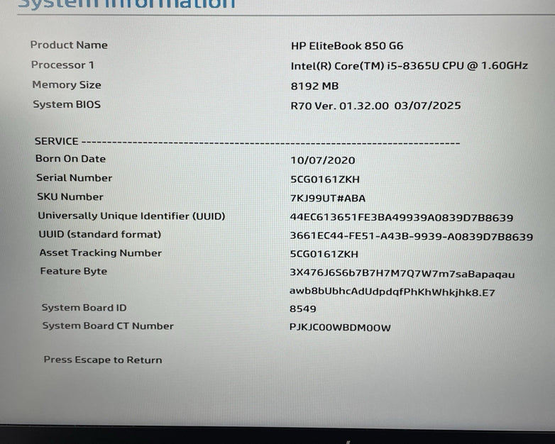 HP EliteBook 850 G6 15.6" i5-8365U 1.60 GHz 8 GB RAM No SSD/OS/AC - Bad M.2 Slot