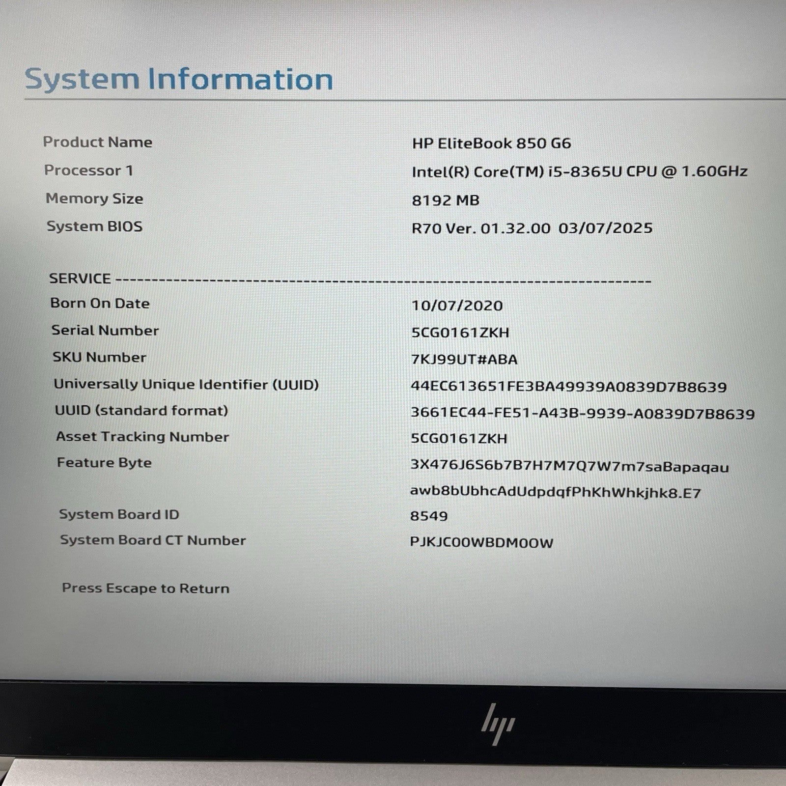 HP EliteBook 850 G6 15.6" i5-8365U 1.60 GHz 8 GB RAM No SSD/OS/AC - Bad M.2 Slot2