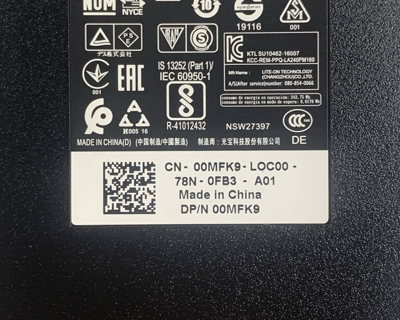 Dell 240W LA240PM160 19.5V AC Adapter 00MFK9 Genuine No Power Cord Lot of 2x