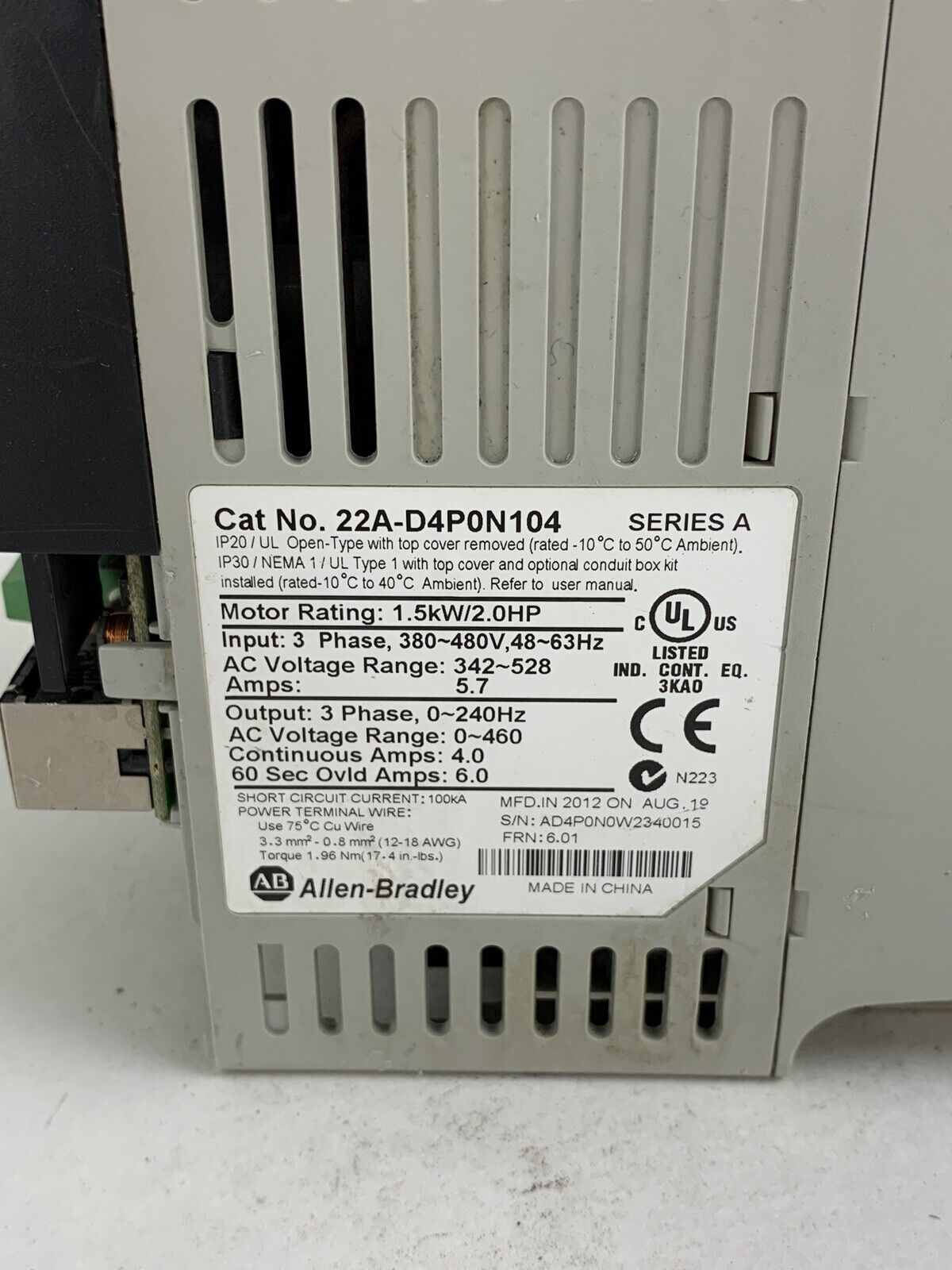 Allen Bradley 22A-D4P0N104 Series A 1.5kW/2.0HP 460V Untested Parts and Repair