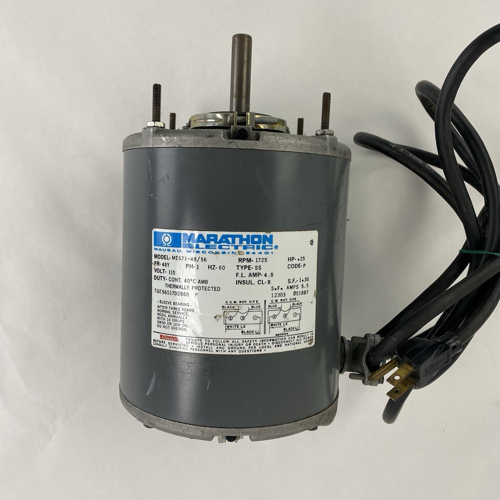 Marathon Electric ME671-48/56 115V 1725 Electric Motor Tested 1