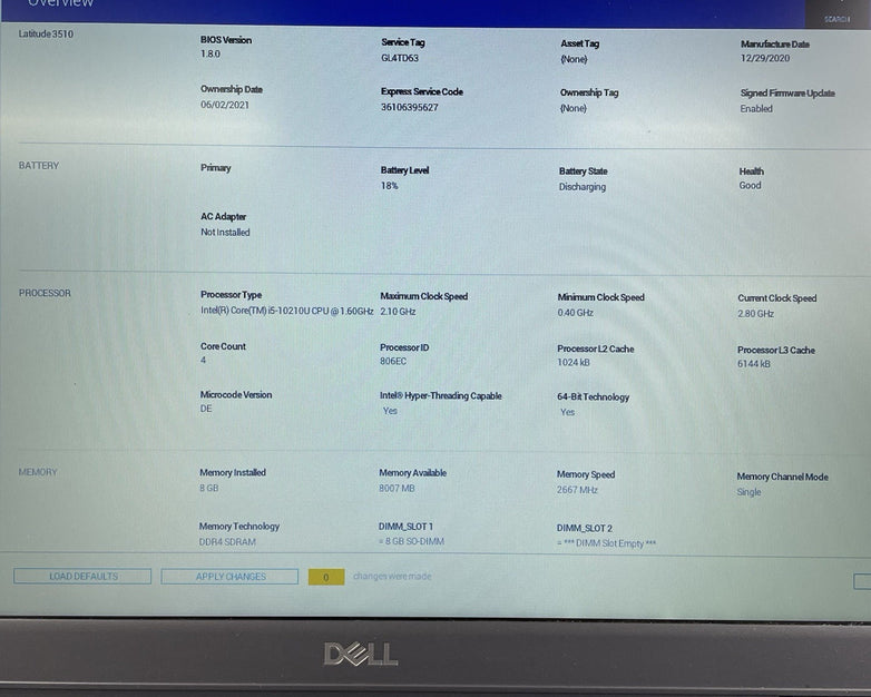 Dell Latitude 3510 15.6" i5-10210U 1.60 GHz 8 GB RAM No SSD/OS/AC
