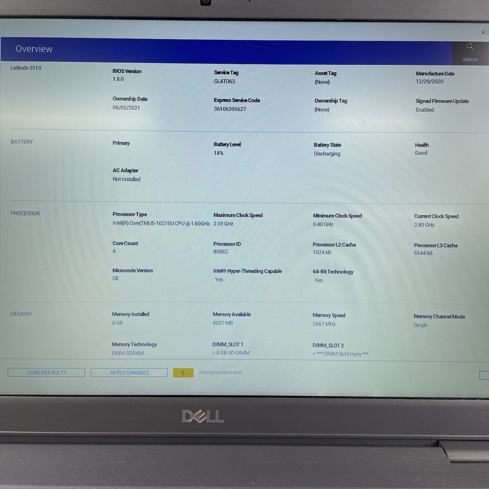 Dell Latitude 3510 15.6" i5-10210U 1.60 GHz 8 GB RAM No SSD/OS/AC3