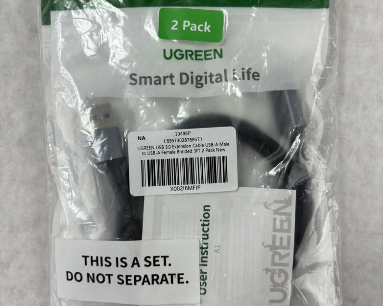 Pair of UGREEN USB A 3.0 Male to Female Extension Cable Nylon Braided
