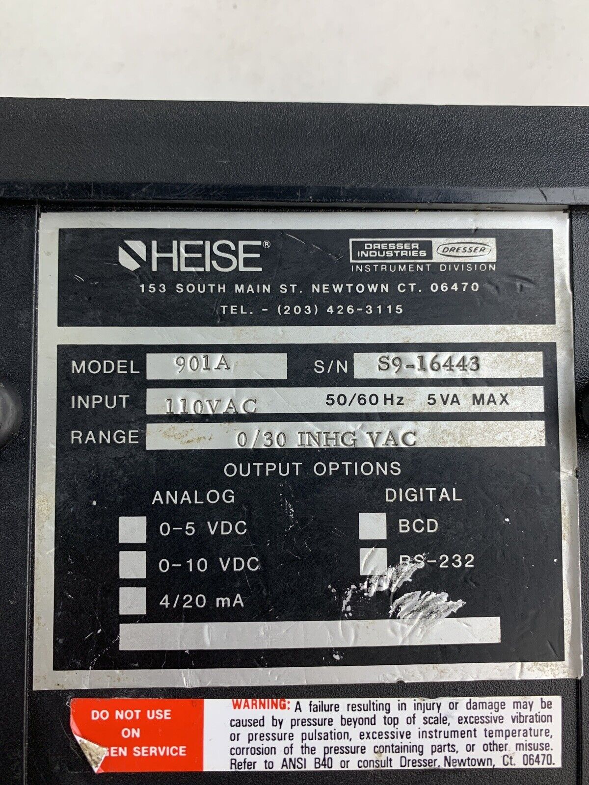 Heise 901A Digital Pressure Indicator 110 VAC 50/60 Hz 5VA Power Tested