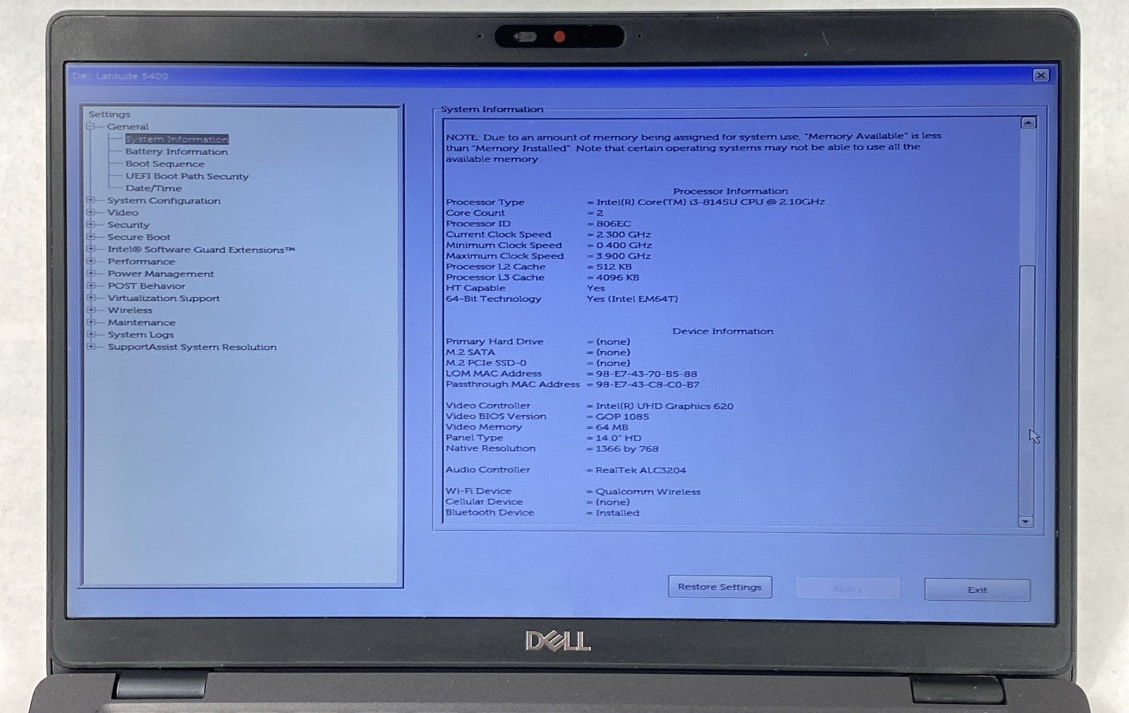 Dell Latitude 5400 Core i3-8145 2.10GHz 8 GB RAM 14" No Battery No HDD No OS