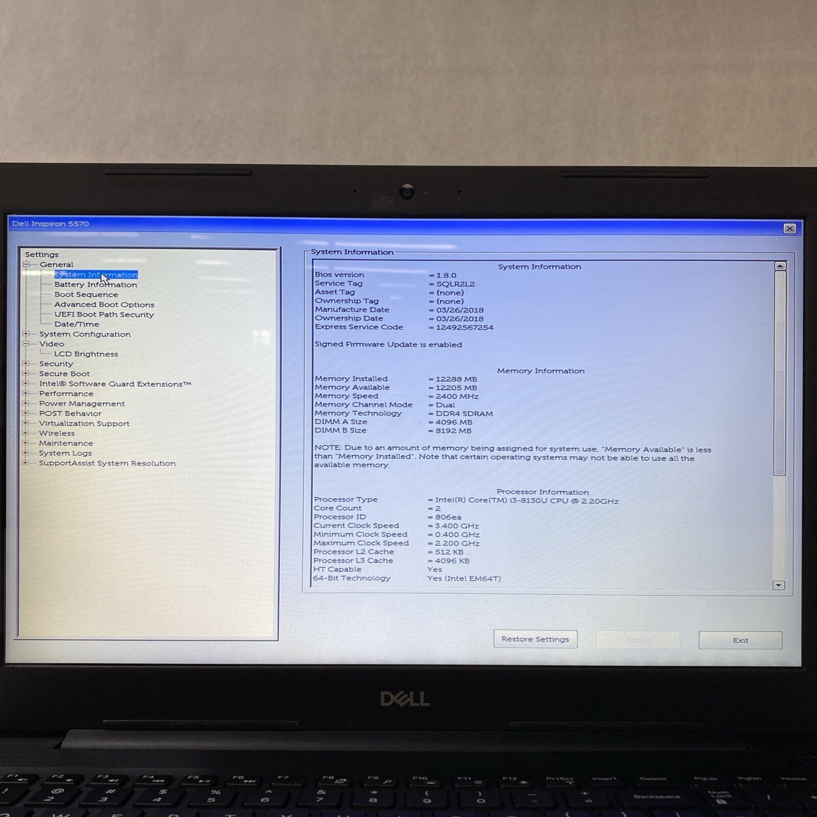 Dell Inspiron 5570 15.6" Intel Core i3-8130U 2.20GHz 12GB RAM No AC No HDD No OS