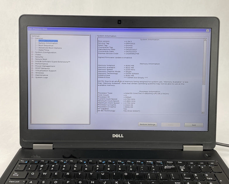 Dell Precision 3510 15.6" Core i7-6820HQ 2.7 GHz 8 GB RAM No SSD No OS No Batt
