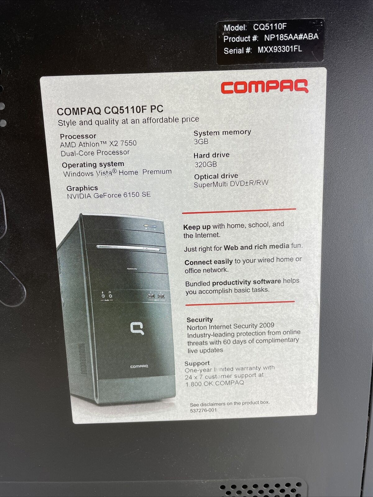 Compaq CQ5110F MT AMD Athlon 7550 2.5GHz 3GB RAM No HDD No OS