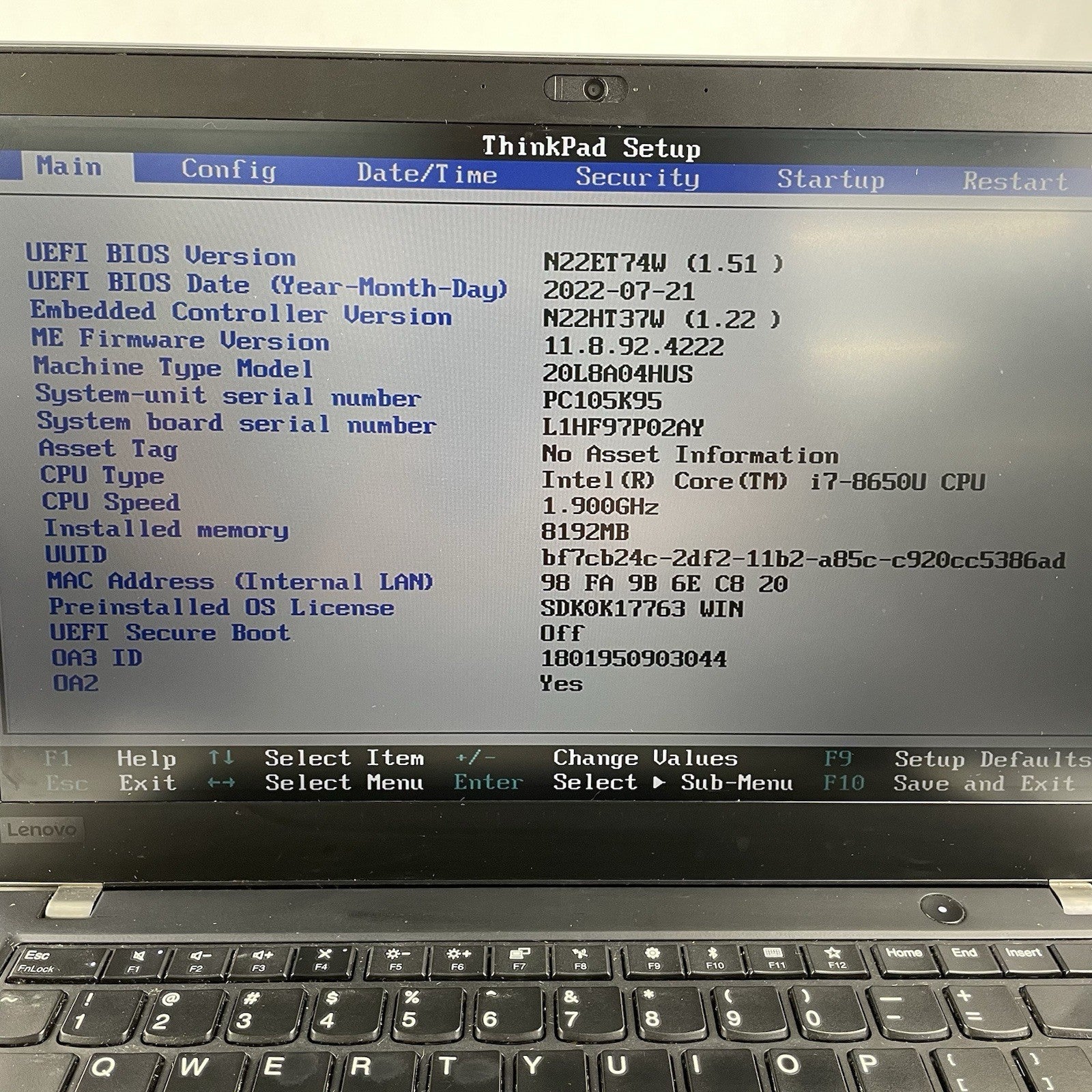 Lenovo ThinkPad T480s 14" i7-8650U 1.90 GHz 8 GB RAM No SSD/OS/AC2