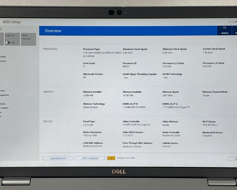 Dell Latitude 5520 Intel Core i5-1145G7 2.60GHz 16GB RAM 15.6" No SSD No OS