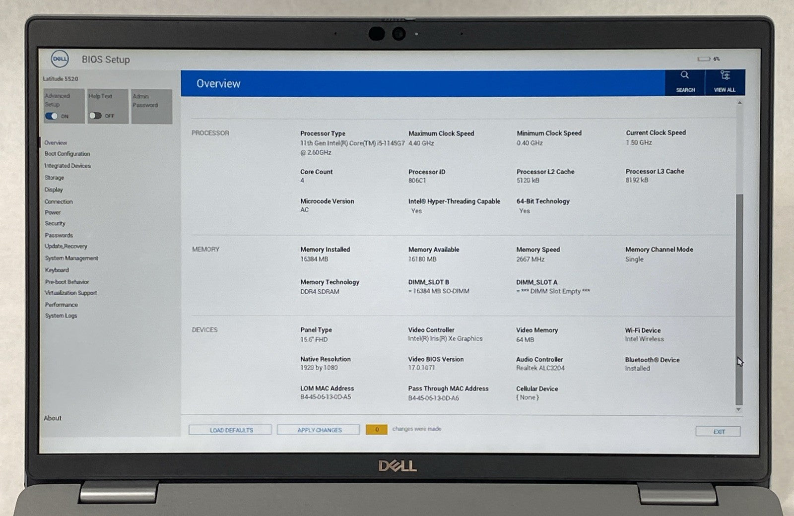 Dell Latitude 5520 Intel Core i5-1145G7 2.60GHz 16GB RAM 15.6" No SSD No OS