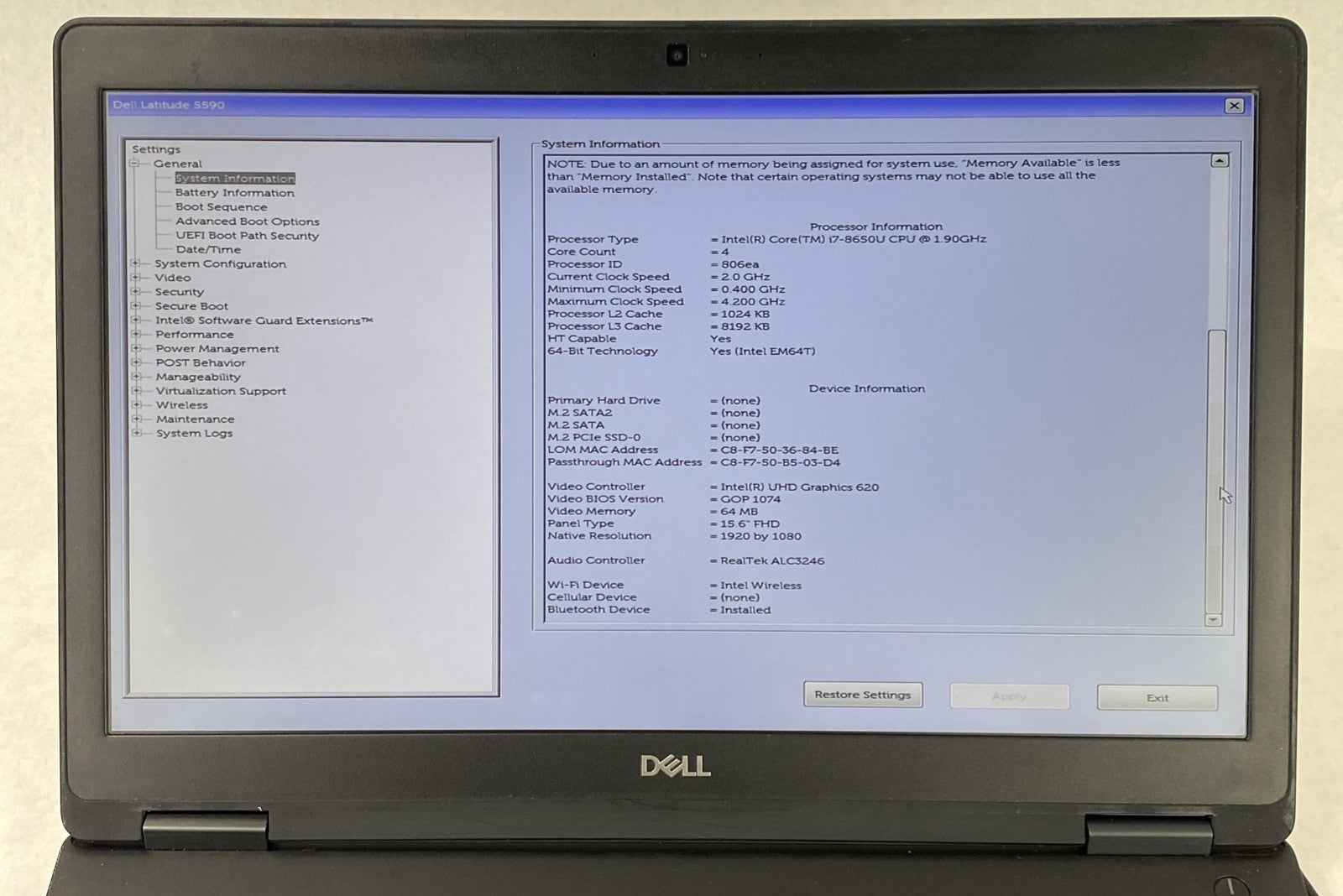Dell Latitude 5590 Core i7-8650U 1.90 GHz 8GB RAM 15.6" No HDD No OS