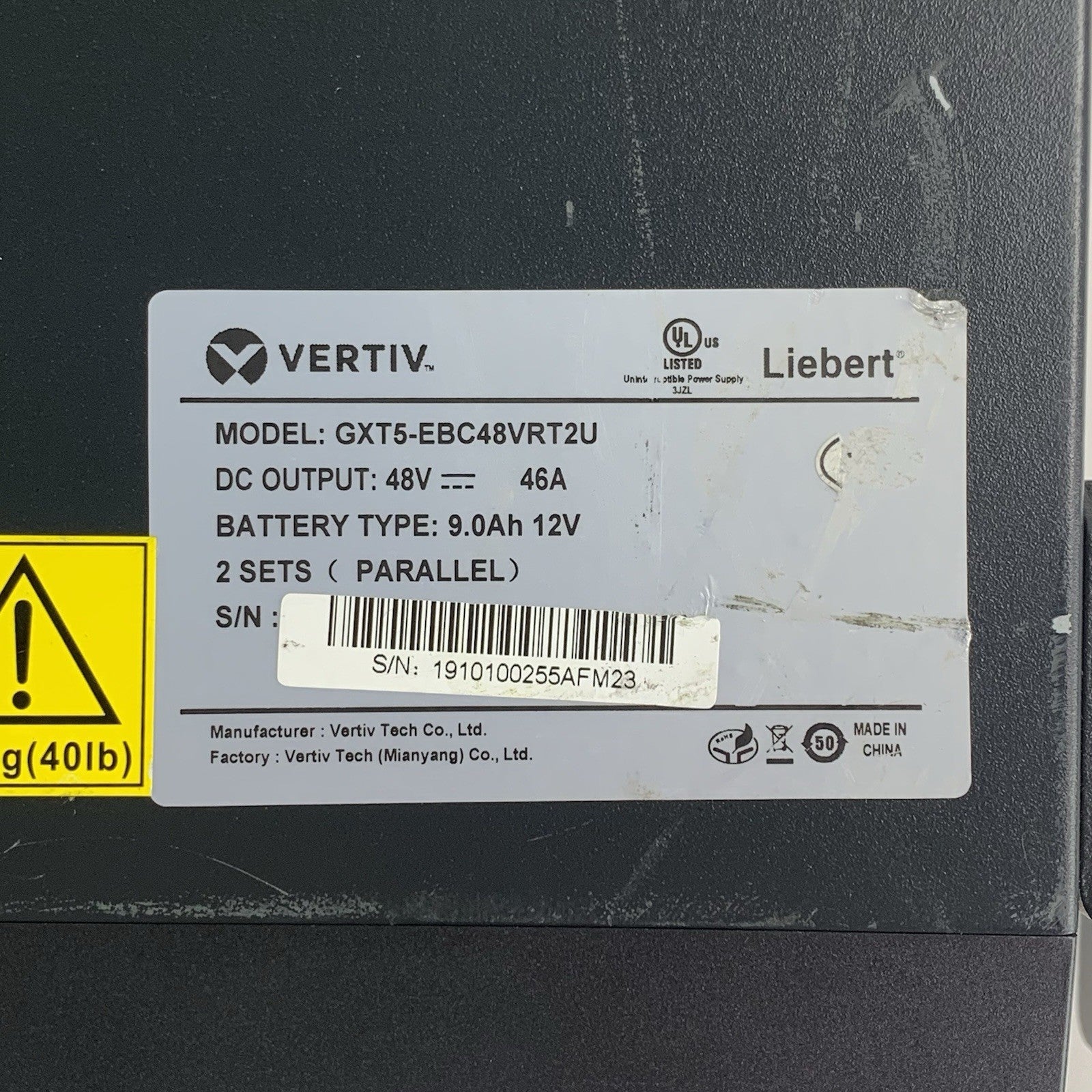 Vertiv Liebert GXT5-EBC48VRT2U GXT5 w/ Rack Ears Tested No Batteries2