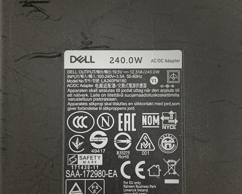 Dell LA240PM180 240 Watt Laptop AC Power Adapter 19.5V 12.3A Large Tip w/ Cable
