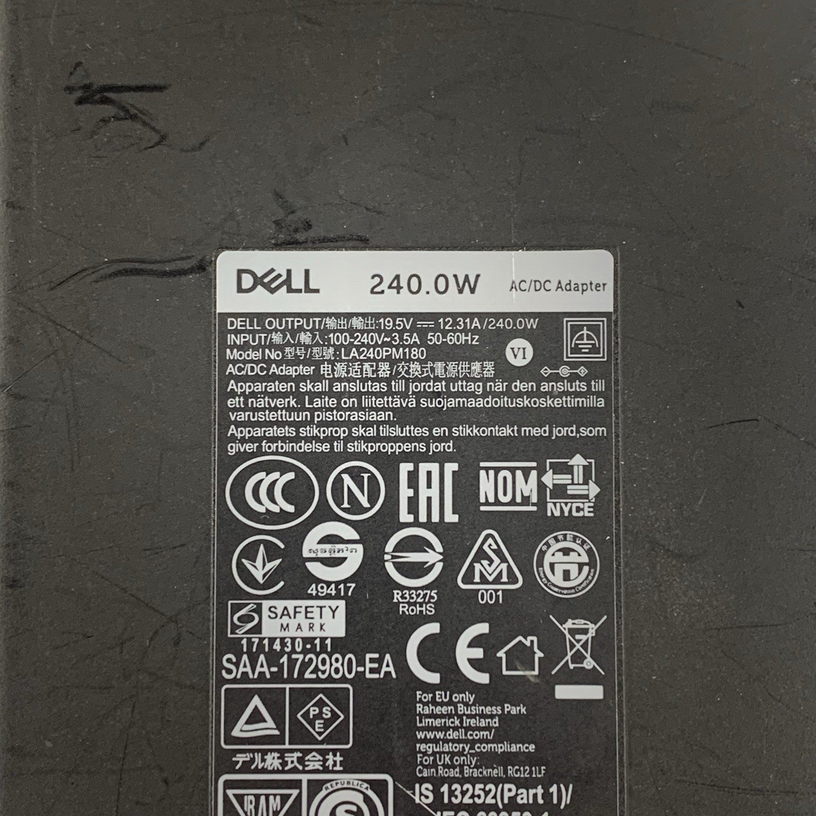 Dell LA240PM180 240 Watt Laptop AC Power Adapter 19.5V 12.3A Large Tip w/ Cable2