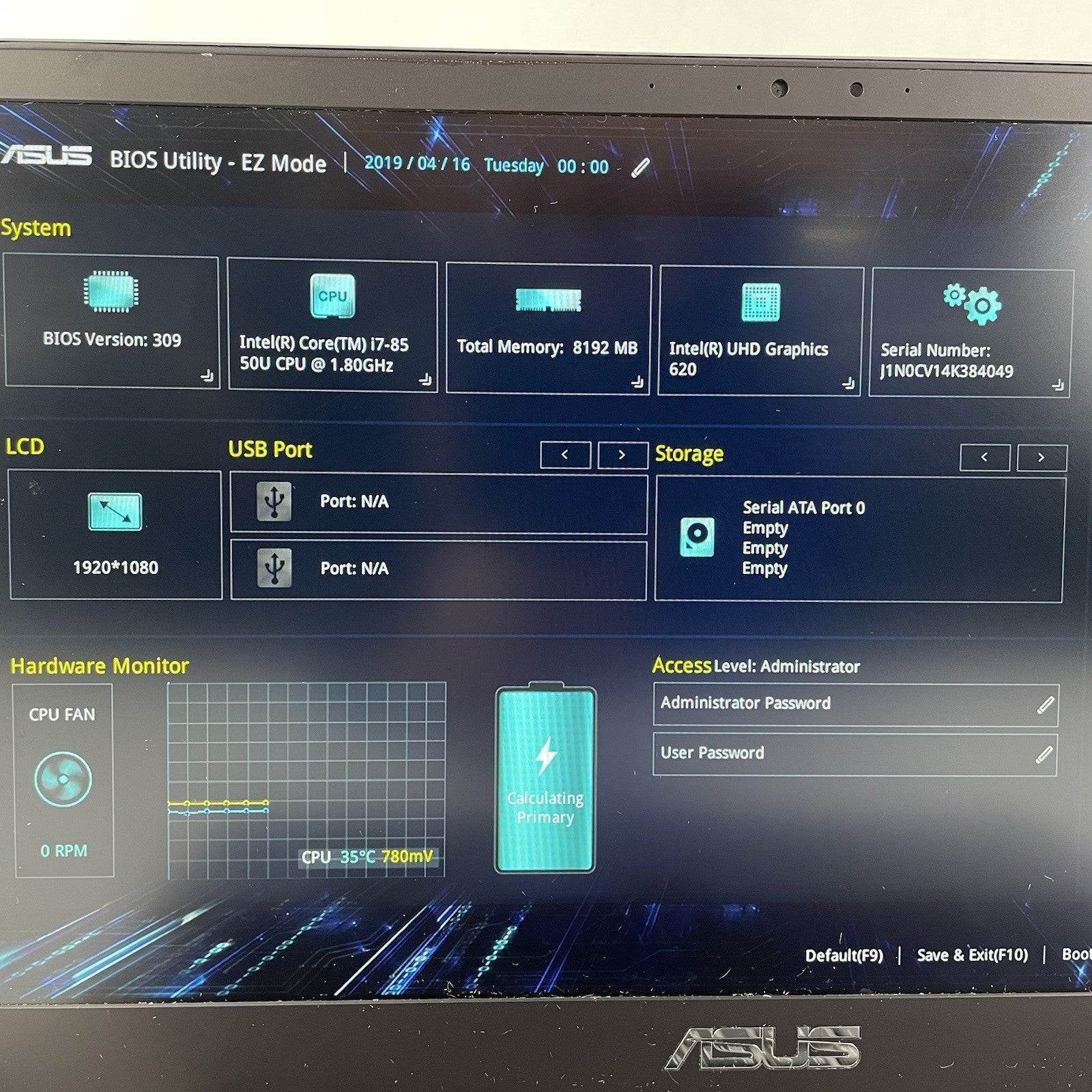 Asus UX410U 14" i7-8550 1.80 GHz 8 GB RAM No SSD/OS/AC/Battery2