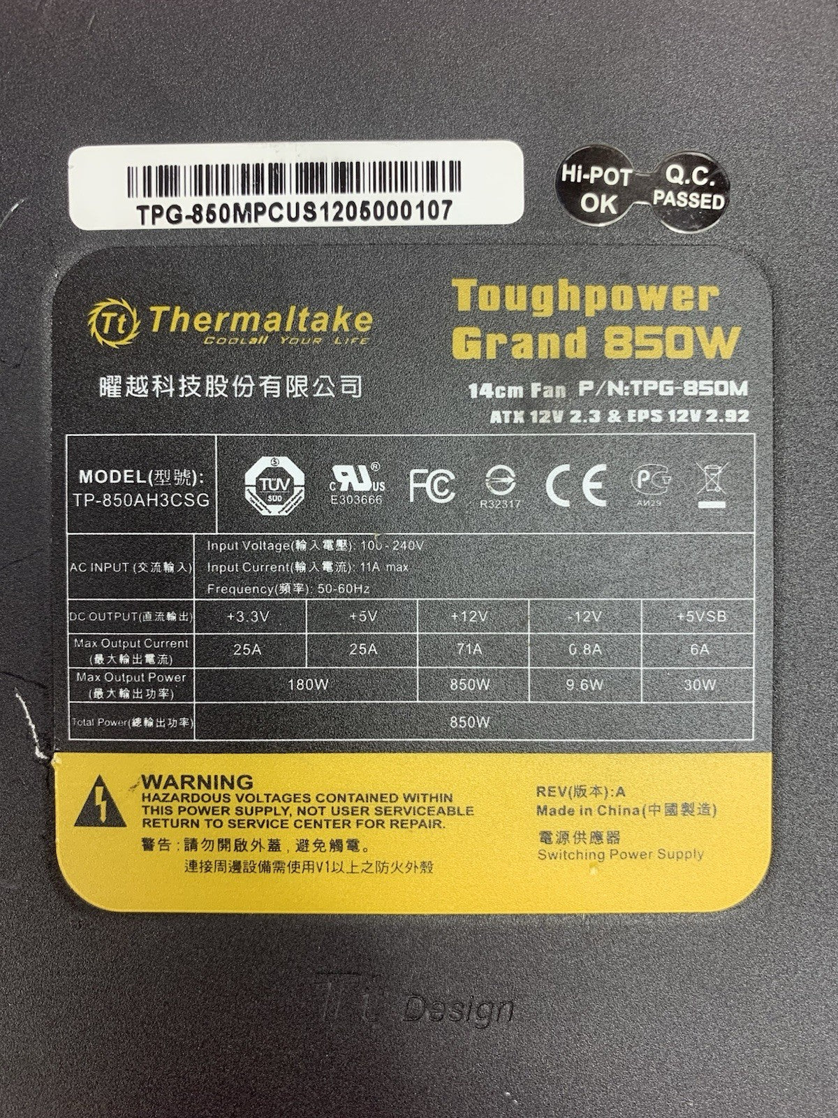 Thermaltake TP-850AH3CSG Toughpower Grand 850W Power Supply -No Peripheral Cords6